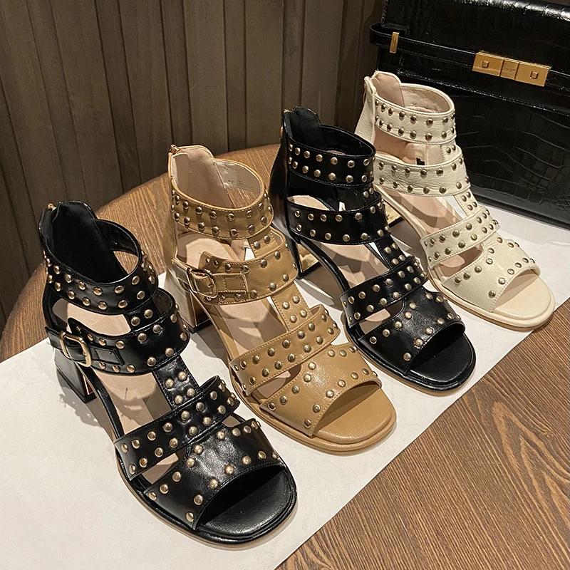 

Roman Sandals Women's Summer Fashion Rivet 2021new Summer Fairy Style All-Matching Chunky Heel Elegant High Heel Sandals