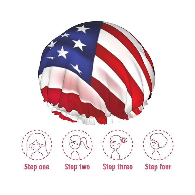 

American flag waterproof double shower cap adjustable elastic band fashion women's long thick hair shower cap