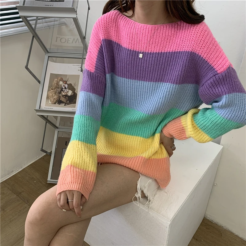 

Women Tops 2021 Autumn Winter New rainbow stripe knitted Sweater Pullover Fashion Loose Ladies top Long Sleeve 151C liang