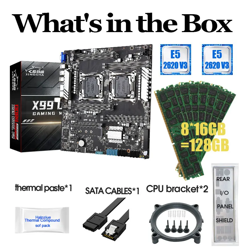 

X99 Dual CPU Motherboard Combo with Inter Xeon 2*E5 2620V3 and 8*16GB=128GB DDR4 2400MHz ECC REG RAM Support LGA2011-3 E5 V3 CPU