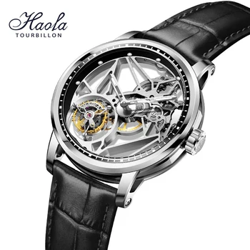 HAOFA Tourbillon Watch Non-coaxial Movement Luxury Skeleton Watch Men Sapphire Waterproof Fashion Casual Cool Black Case