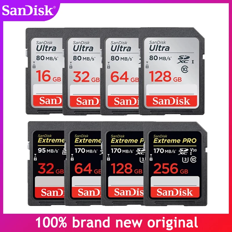 Карта памяти SanDisk Extreme Pro/Ultra 16G 32G 64GB Memory Card 128GB 256GB SD U1 U3 V30 4K для съемки видео на камерах Canon и Nikon SLR.