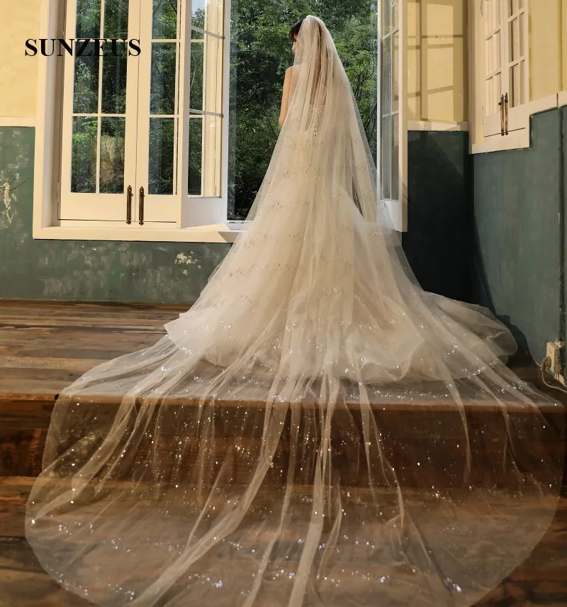 Сверкающие тюлевые Свадебные вуали с расческой длиной 4 метра Фата для собора
