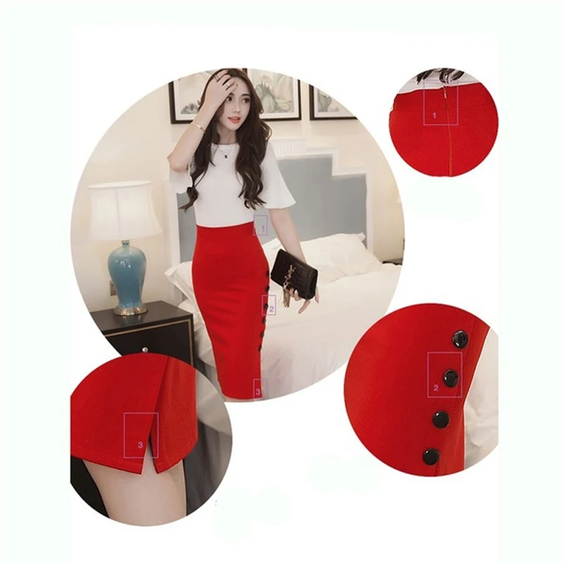 

Elegant Women Vintage Office Lady OL Skirts High Waist Buttons Slit Pencil Skirts Women Plus Size S-5XL Stretch Midi Skirts