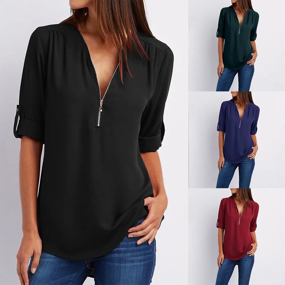 

Women Japan Style V-Neck T Shirt Loose Casual Blouse Half Sleeve Summer Top Plus Size Minimalist Zipper Pullover Tee Top
