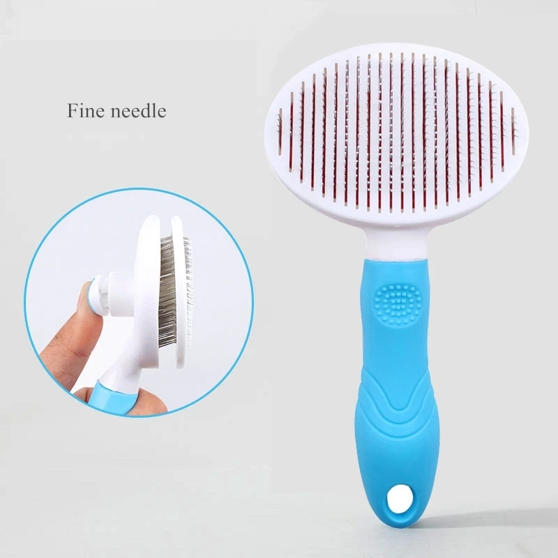 Blue-Fine needle Расческа для домашних животных, самоочищающаяся щетка, профессиональная щетка для ухода за собаками и кошками, быстрая Чистка, короткие и средние аксессуары для удаления волос - Цвет: Blue-Fine needle