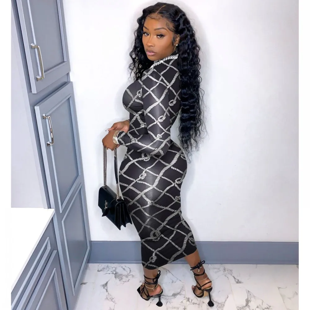 

Round Neck Long-Sleeved African Dress Tight-Fitting Sexy Dress Casual Women's Winter Black Print Slim-Fit Buttocks Pencil Skirt
