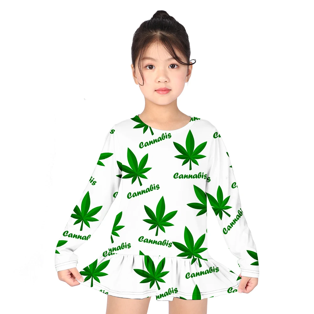 Платье-рубашка для девочек с объемным изображением листьев конопли