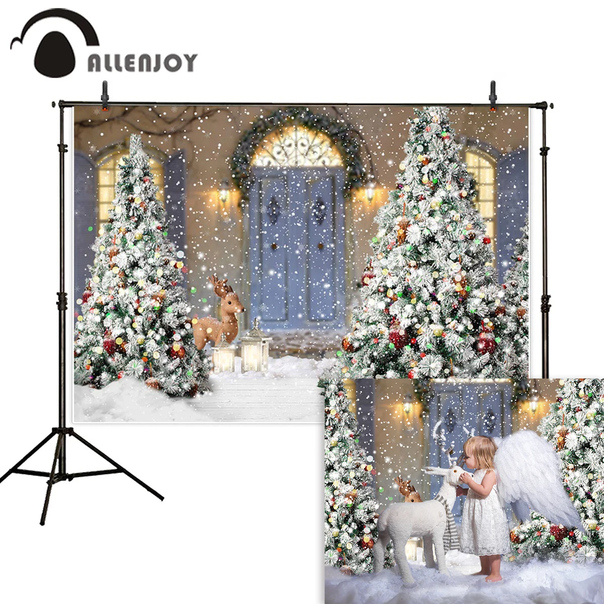 

Allenjoy New year background for photography Elk Snowflake Christmas Tree Winter arch door kids photophone photocall backdrop