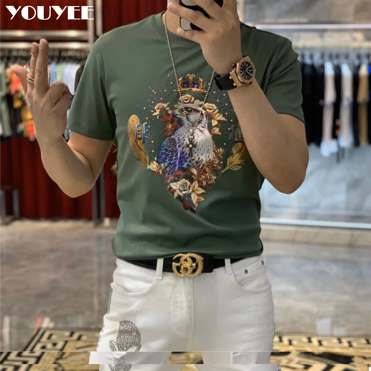 

Men's T-shirt Mercerized Cotton Europe Style 2021 Summer New fashion Brand Colorful Laser Baroque Eagle Rhinestone Tees Male Top