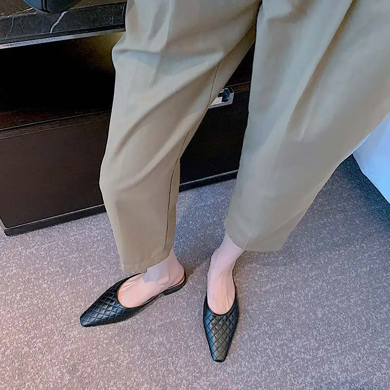 

Krazing pot mules square toe gingham low heel concise sewing slip on outside slipper office lady casual beach shoes women L19