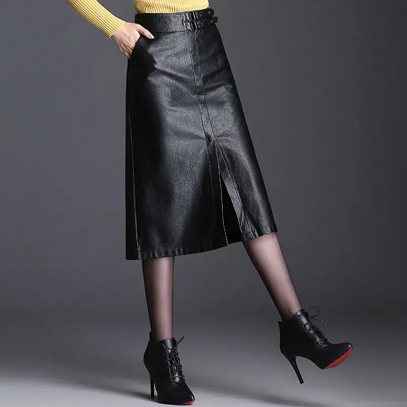 

2021 Spring Women PU Leather Skirts Office Lady High Waist Streetwear Pencil Knee-Length Skirt Female Front Split Skirts H783
