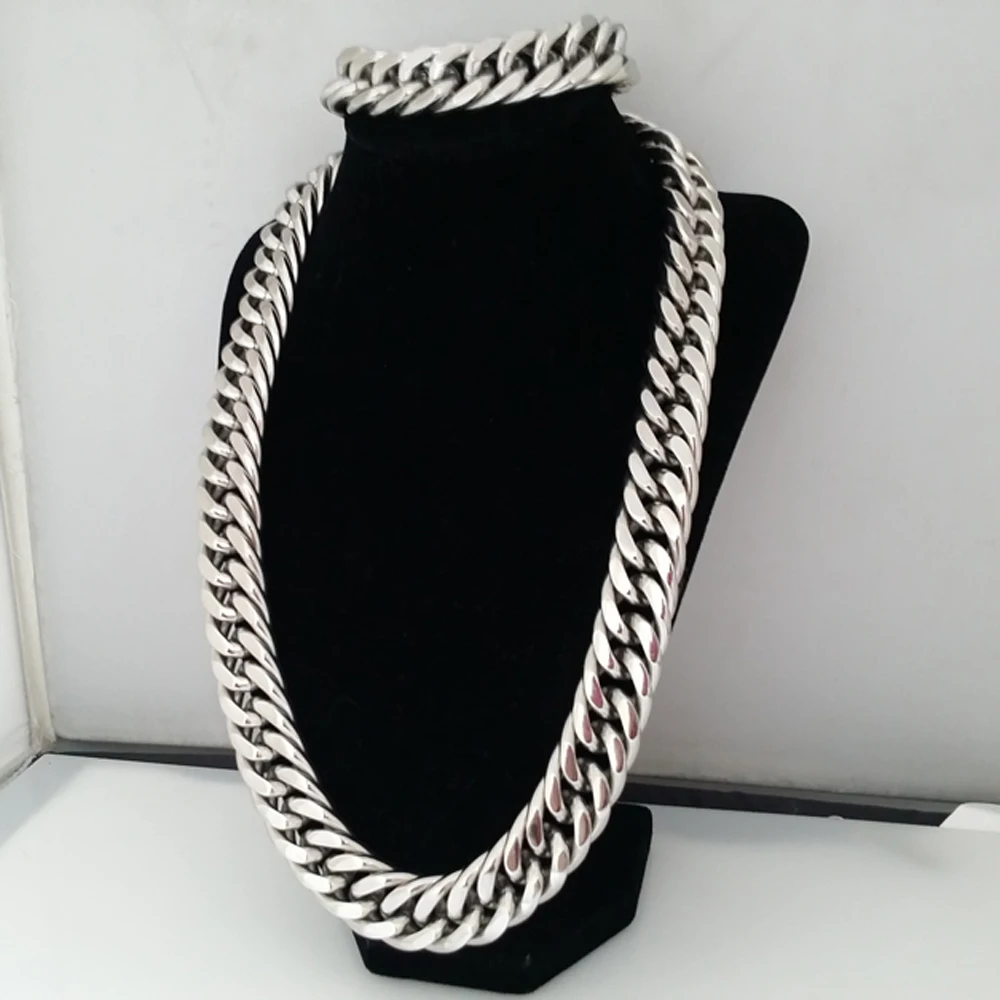 

Men's Jewelry Set Silver Color Miami Curb Cuban Link Chain Necklace Bracelet Sets For Men Hip Hop Jewelry 18mm