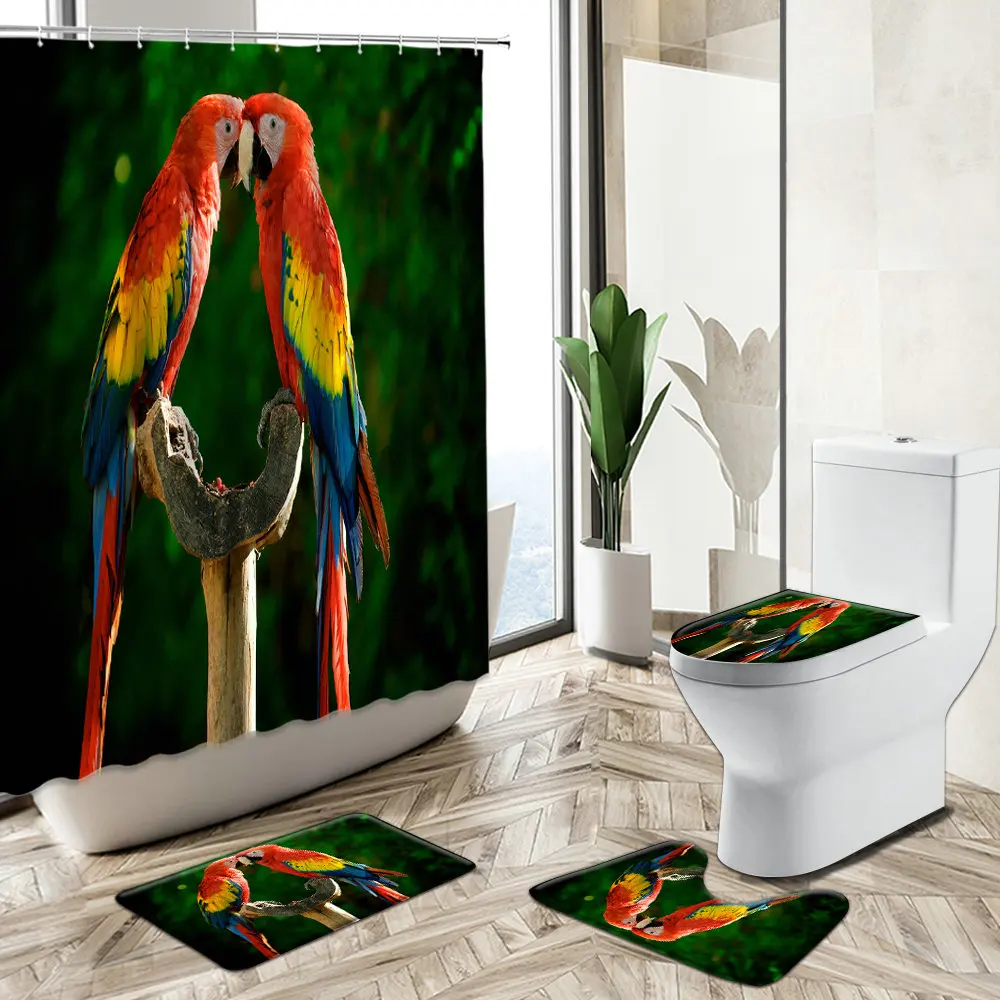 

Parrot Shower Curtain Bird Animal Tropical Jungle Plant Scenery Home Bathroom Decor Non-Slip Rug Toilet Lid Cover Bath Mat Set