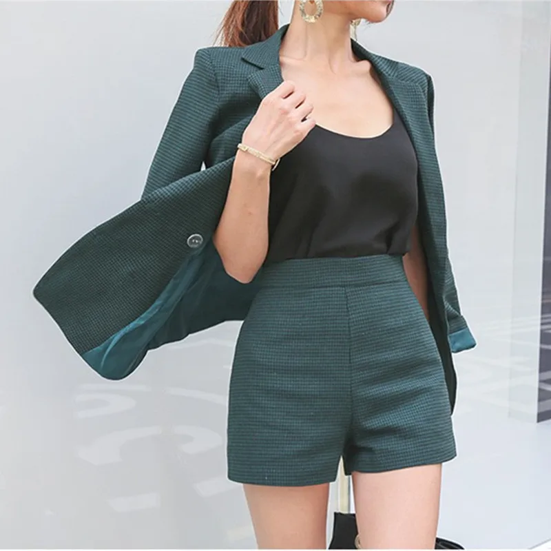 

Korean-Style Mid-Length All-match Plaid Jacket Pants Set Summer Thin Casual Suit 2 Pieces Set Office Women Clothing
