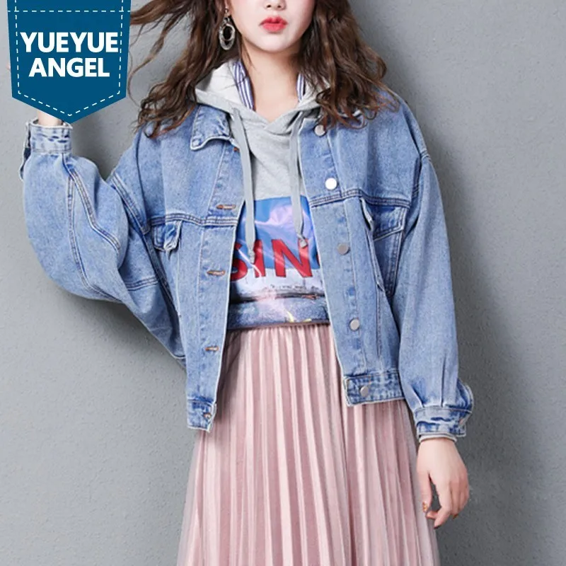 Korea Boy Friend Style Batwing Sleeve Single Breasted Lapel Women Denim Jackets Vintage Casual Loose Fit Jeans Coats Streetwear | Женская