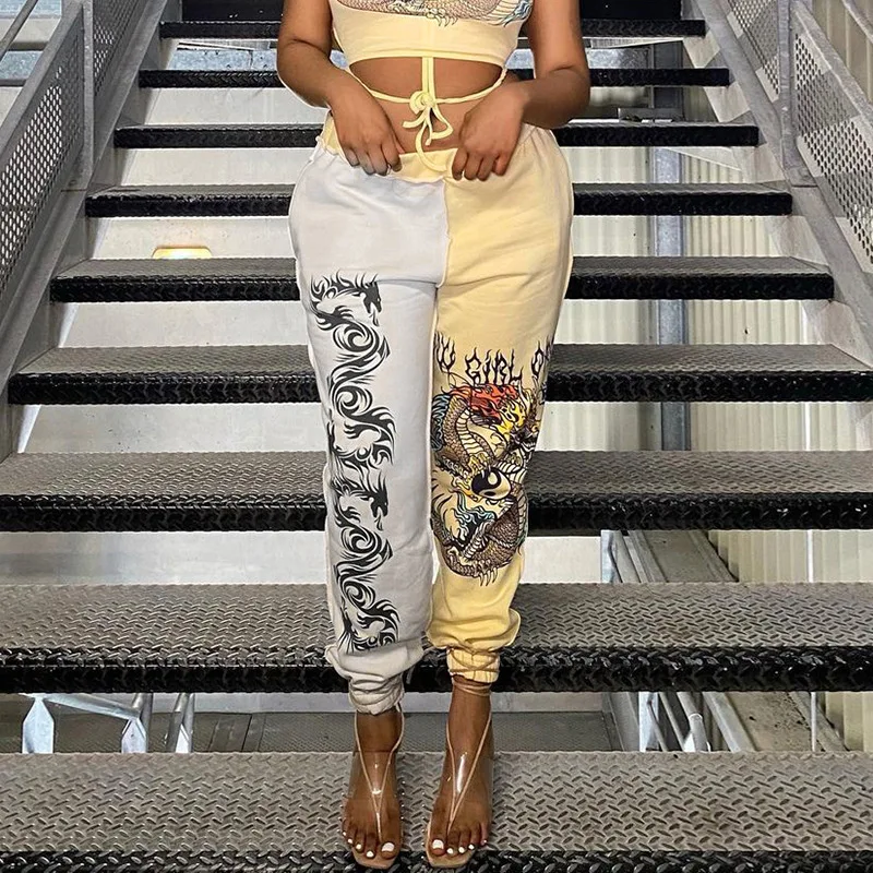 

Autumn new style 2021 stitching contrast print bouquet feet sports casual pants fashion elastic beltless trousers