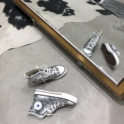 

New Breathable Silver Sequined High-top Canvas Shoes Woman Retro All-match Fashion Thick-soled Sneakers Spring Summer