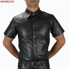 XX151 S-3XL 2020 модные черные мужские Сексуальные облегающие футболки из искусственной кожи с коротким рукавом и пуговицами