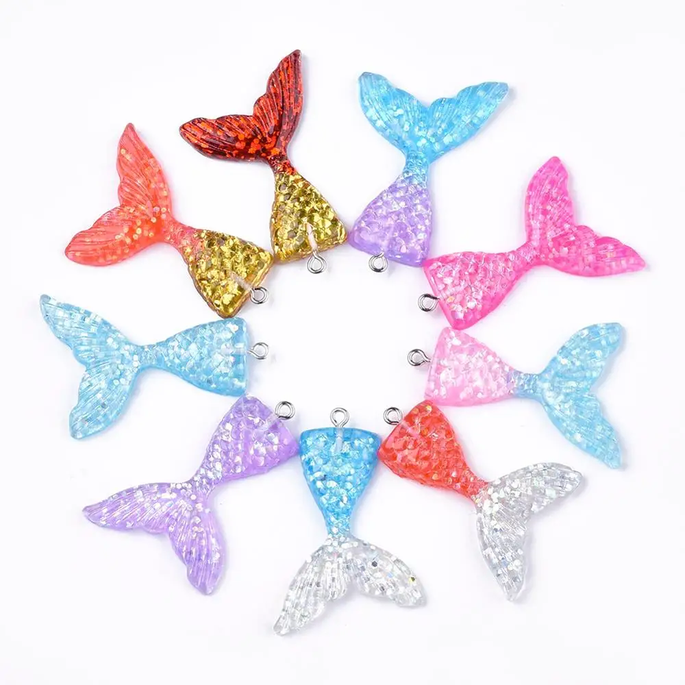 

20pc Resin Mermaid Tail Charms Fish Pendants with Glitter Powder For Necklace DIY Jewelry Keychain Making Findings 46x30x6mm