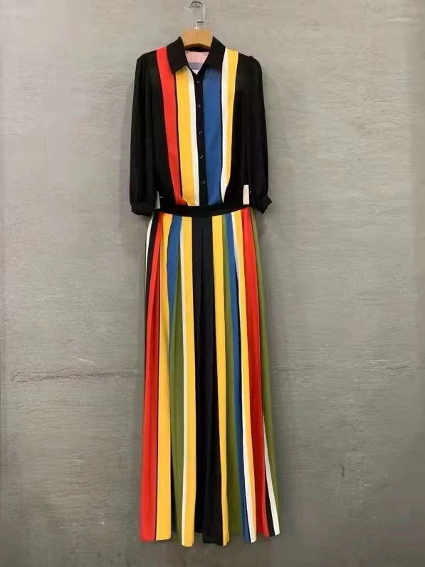 High Quality Women's Set 2022 Spring Summer Long Skirt Suit Ladies Turn-down Collar Striped Print Shirt+Long Maxi Pleated Skirt