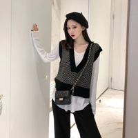 women sleeveless pullover autumn 2021 korean style vintage stylish color patchwork v neck knitted wool sweater vest black