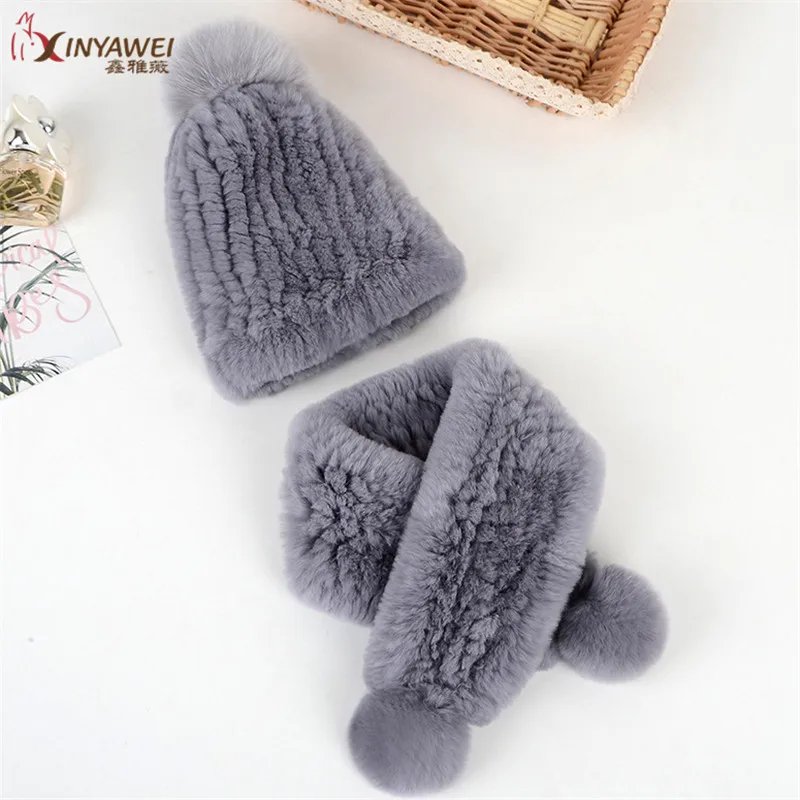 2019 Winter Autumn Children Sets Of Genuine Rex Rabbit Fur Knitted Scarf With Hat Fur Boy Pashmina Scarves Wraps.