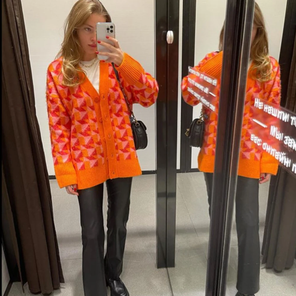 

XIKOM 2021 Autumn Orange Geometric Cardigan Women's Sweater Long Sleeve Top Women's Oversize Sweater Casual Knitted Cardigan