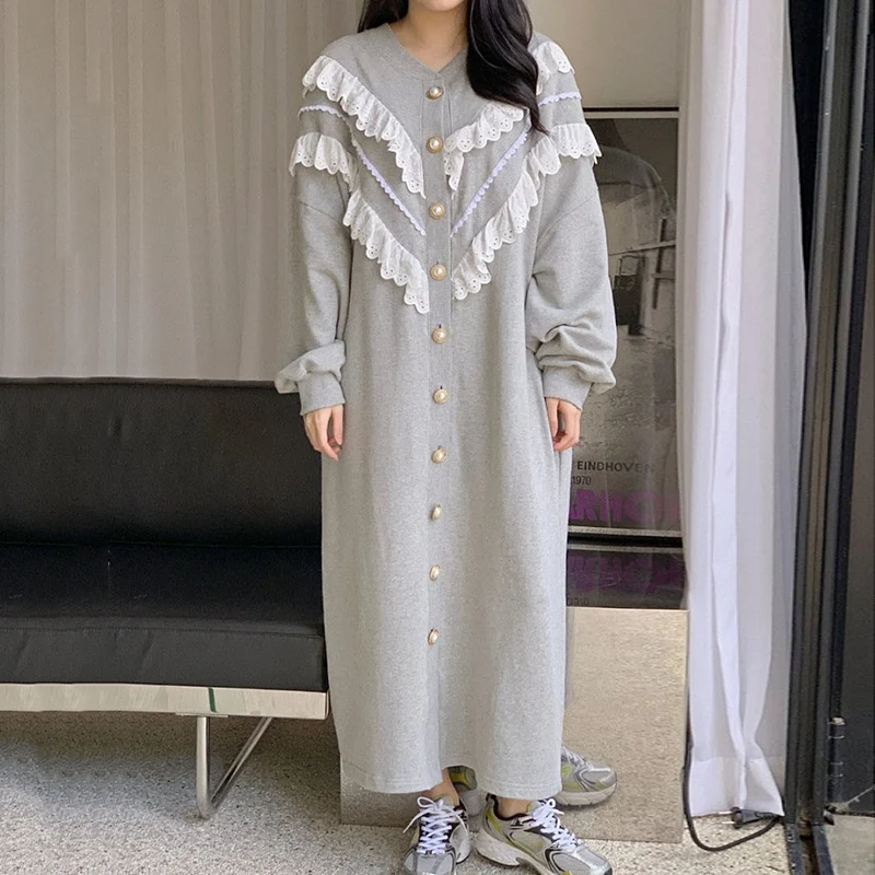 

Sannian Korea Women Dress V-neck Lace Stitching Single-row Pearl Button Loose Puff Sleeve Sweater Dress Female Clothes