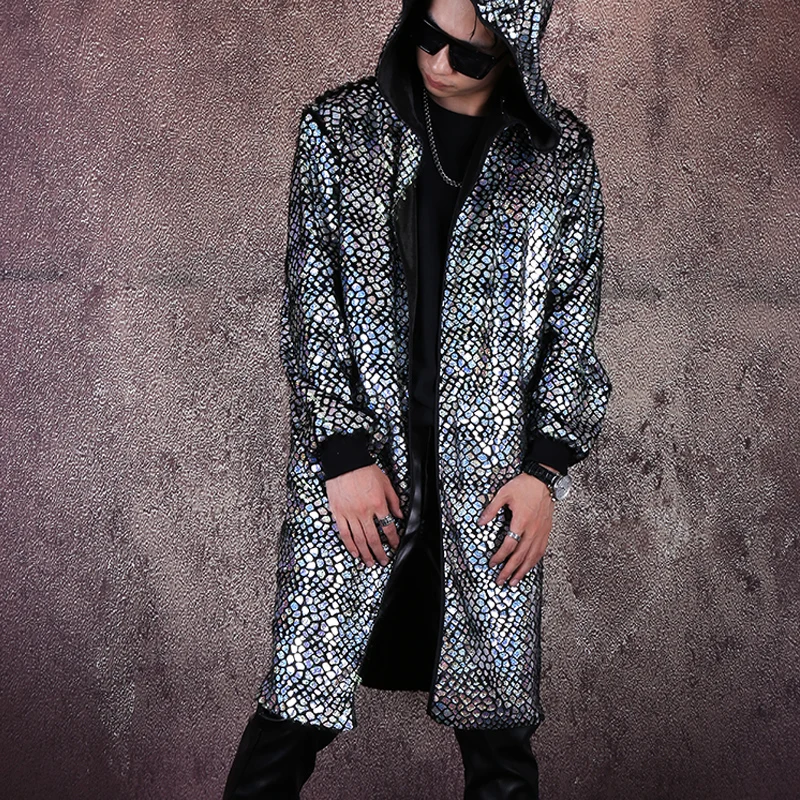 

Man's Cool Hologram Long Hooded Jacket Hip Hop Heap Rock Silver Metallic DJ Club Disco Costumes