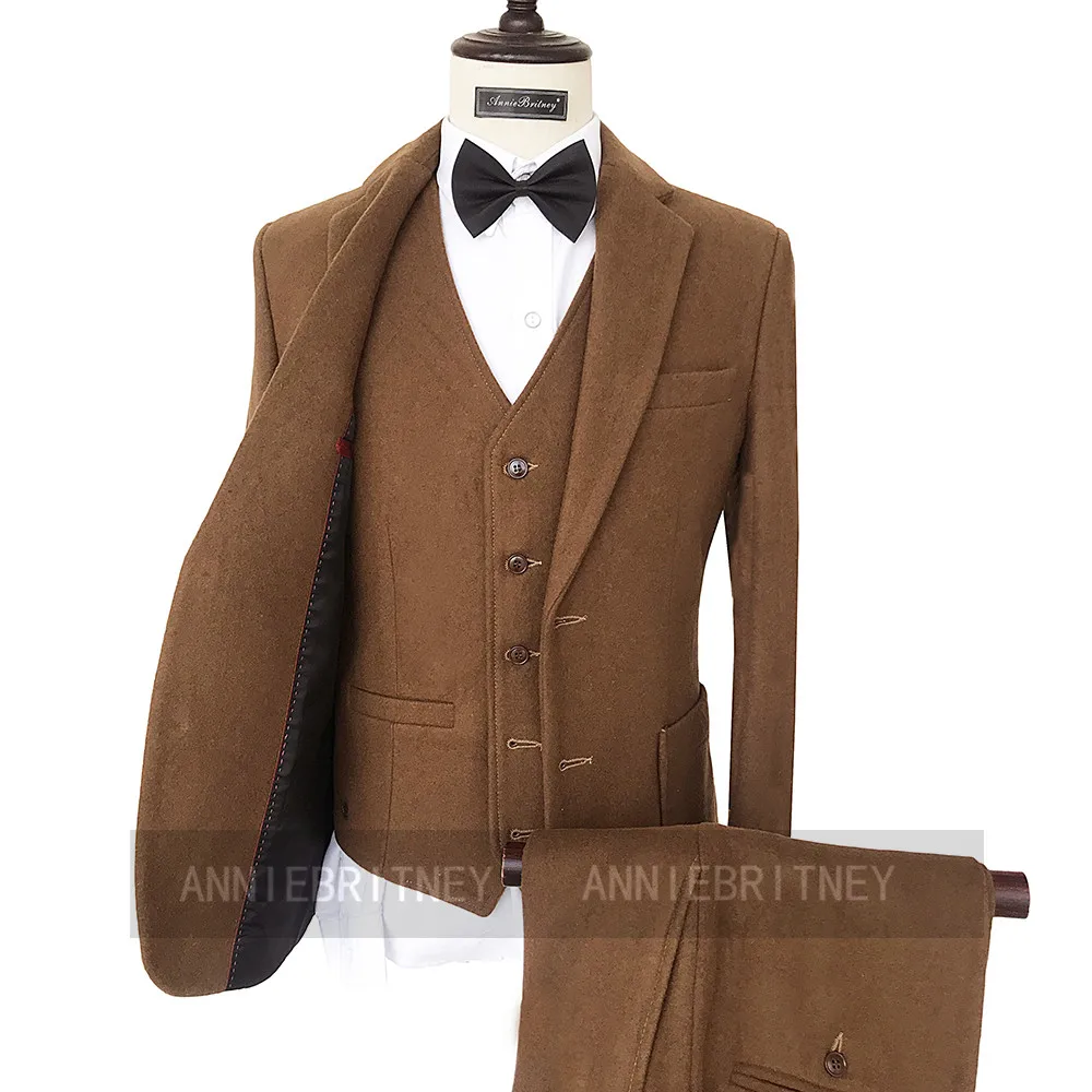 

(Jacket+Pants+Vest) Winter Men's Jacket Caml Tweed 3 Piece Handsome Male Suit Groomsman Wedding Dress Slim Fit Custom Made
