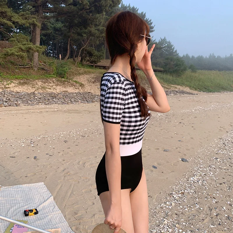 Корейский стиль Цельный купальник клетчатый пуш ап высокое качество купальный