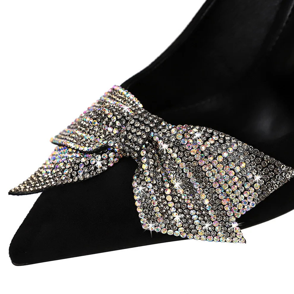 

Fashion sexy stiletto velvet surface shallow mouth pointed toe rhinestone bow single shoes banquet high heels