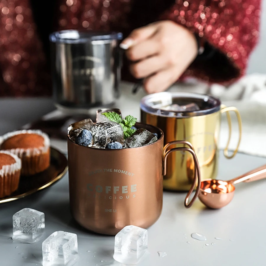 Metal Nordic Coffee Mugs Stainless Protein Shaker Vintage Big Cute Portable Mug Lid Milk Tea Botellas Para Agua Spoon EE7SB | Дом и сад