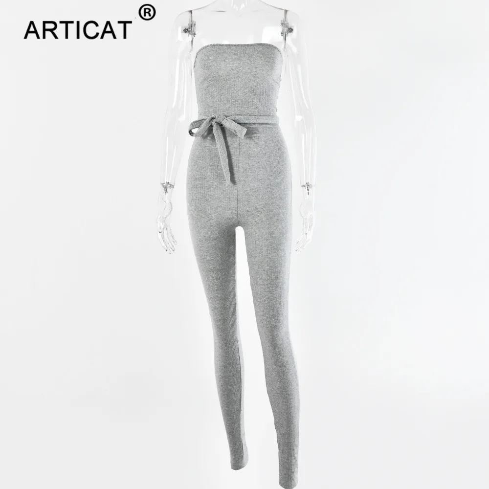 Grey Articat хлопковый трикотажный сексуальный комбинезон для женщин с открытыми плечами Облегающий комбинезон для женщин s комбинезон с поясом модные длинные брючные комбинезоны - Цвет: Grey