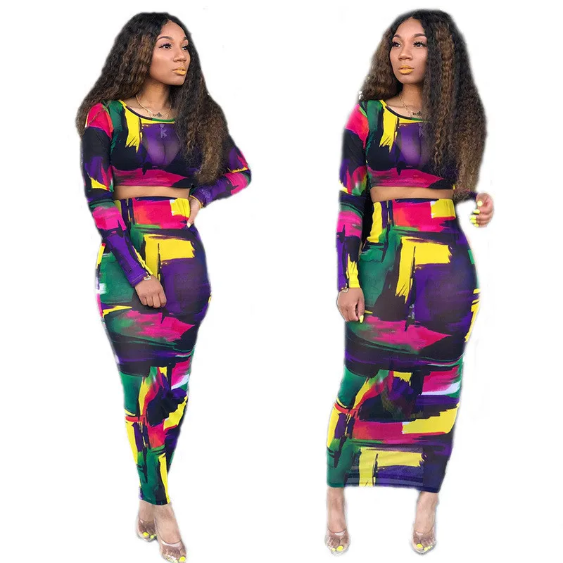 

Two-piece Flower Women's Clothing Autumn Summer Long-sleeved Crop Tops and Tight-fitting Skirts Transparent Mesh Style Outfit