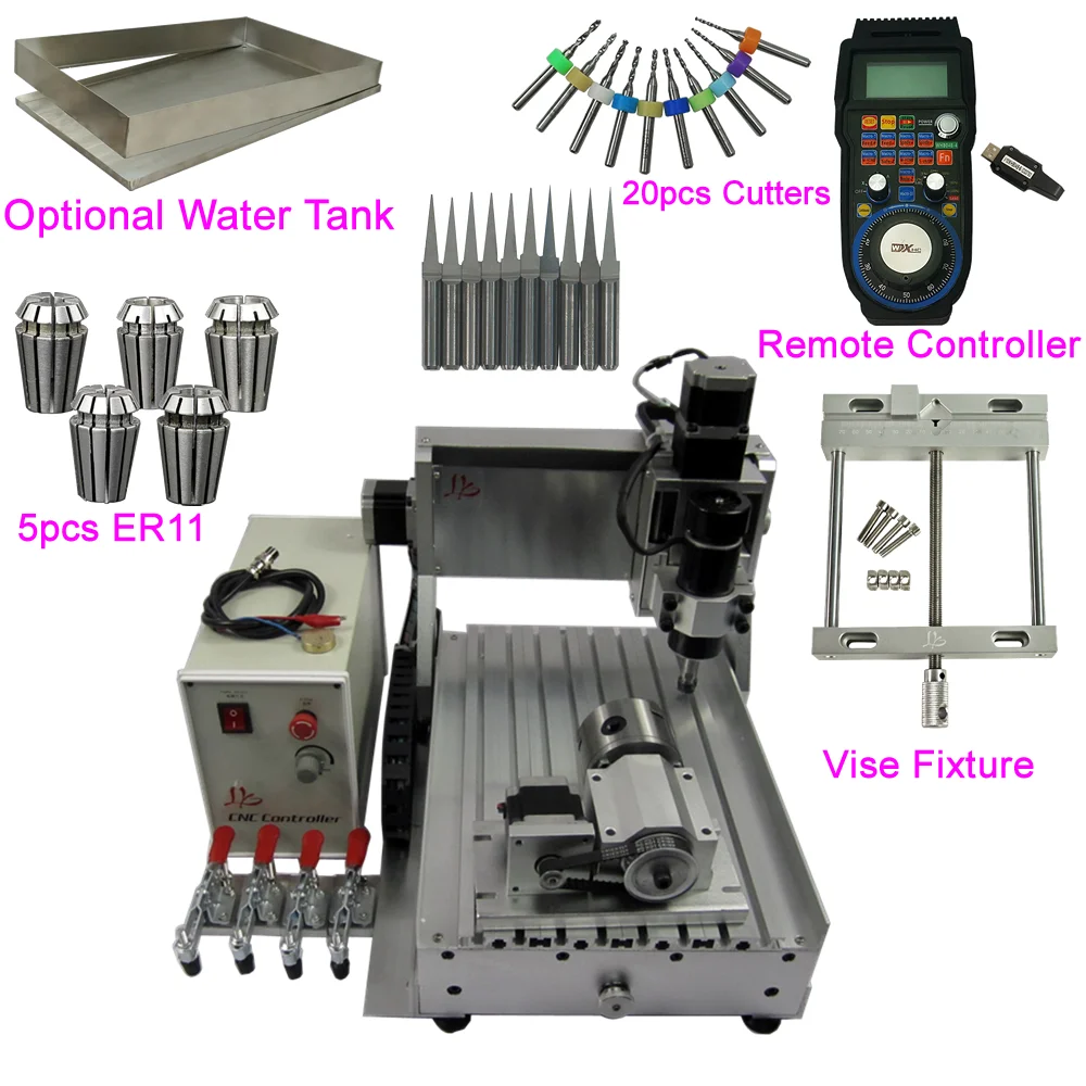 

USB CNC Engraver 4 Axis 3020 500W Wood Router Cutter Milling Engraving Machine with Water Tank Remote Controller Vise Fixture