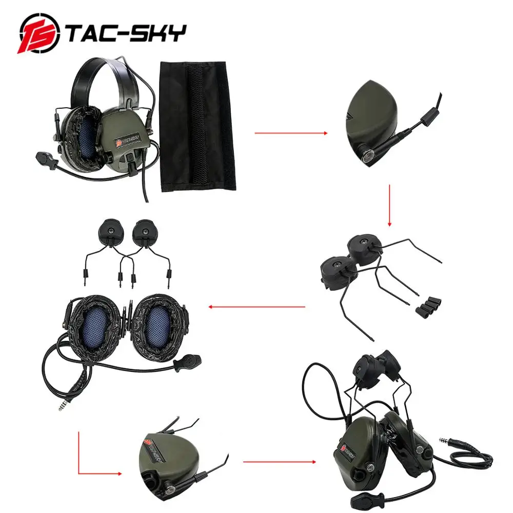 Tactical headset TAC-SKY TEA Hi-Threat Tier 1 silicone earmuffs noise pickup military headset +u94 PTT and ARC helmet bracket