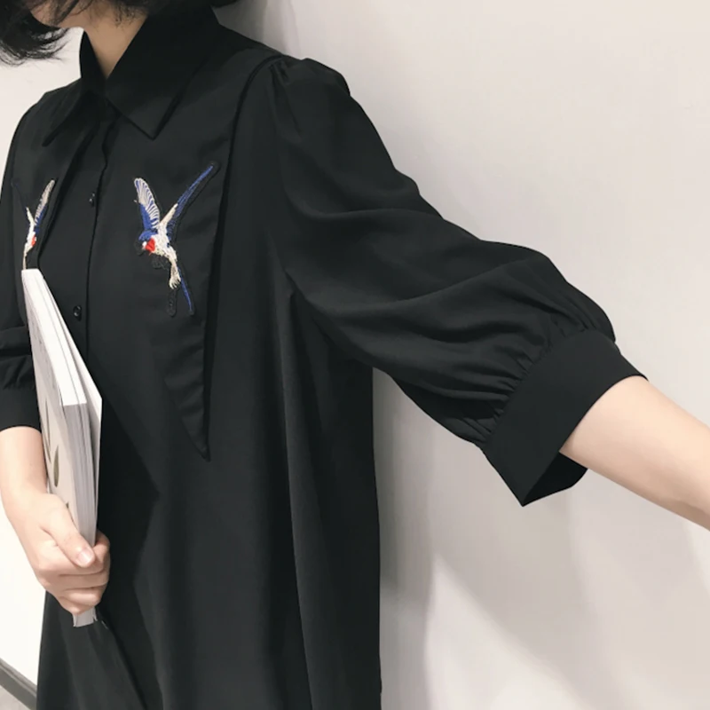 

XITAO Pleated Black Blouse Single Breast 2021 Summer Goddess Fan Casual Style Loose Black Pleated Chiffon Loose Shirt LDD1709