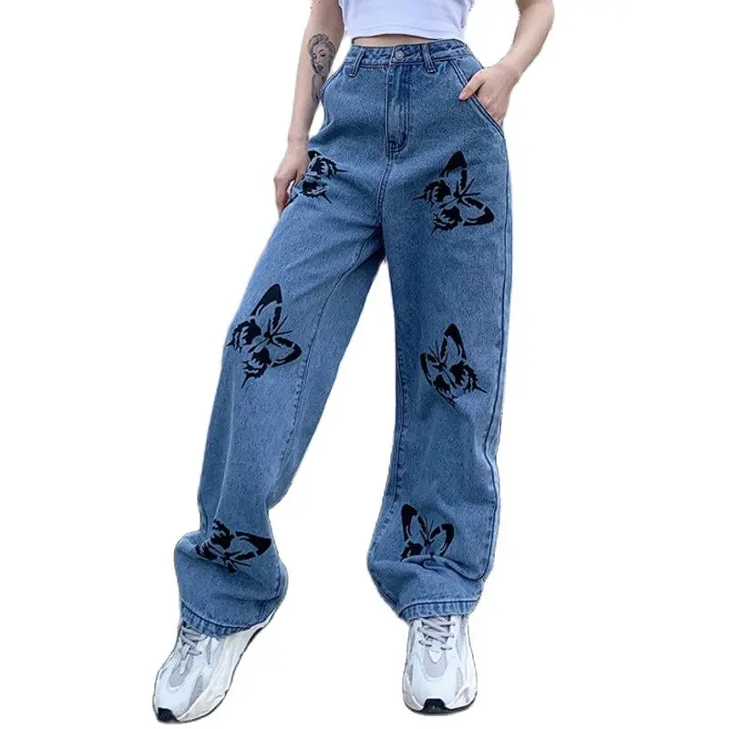 

Butterfly print jeans 2021 New Summer Vintage Jeans Woman Long Trousers Cowboy Female Loose Streetwear Butterfly Print Pants