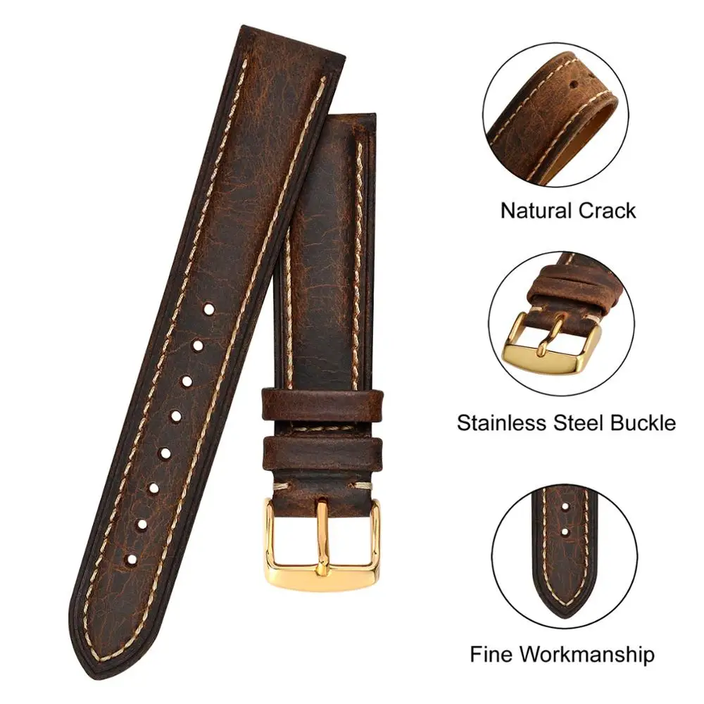 BISONSTRAP Watch Band 14mm 15mm 19mm 20mm 22mm 23mm 24mm Crazy Horse Leather Watch Strap Vintage Replacement Belt Gold Buckle