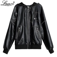 lomaiyi womens springautumn leather jacket women zipper pocket coat woman black hooded leather jackets pu leather jacket bw062