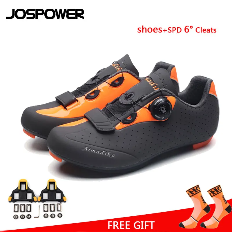 orange with cleats JOSPOWER MTB шоссейная велосипедная обувь износостойкая дышащая велосипедная обувь Мужская профессиональная гоночная команда самоблокирующаяся Спортивная велосипедная обувь - Color: orange with cleats