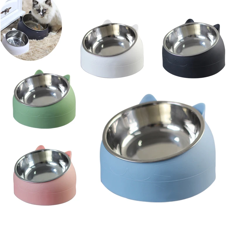 

Stainless Steel Cat Dog Bowl 15 Degrees Tilted Cat Bowl safeguard Neck Puppy Cats Feeder Non-slip Crashworthiness Base Pet Bowls