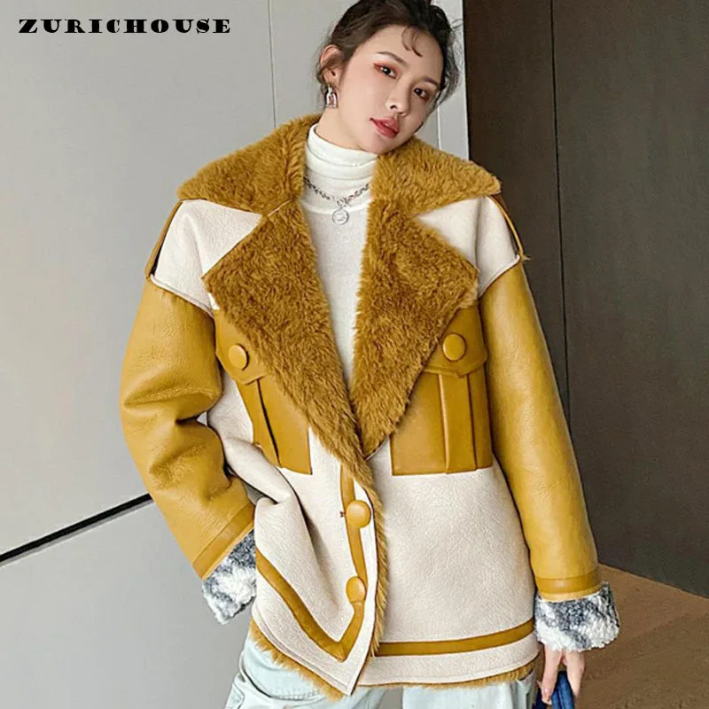 

ZURICHOUSE Brand PU Leather Fur Jacket Female Warm Fashion Hit Color Spliced Design Lambswool Lining Winter Coat Women P3603