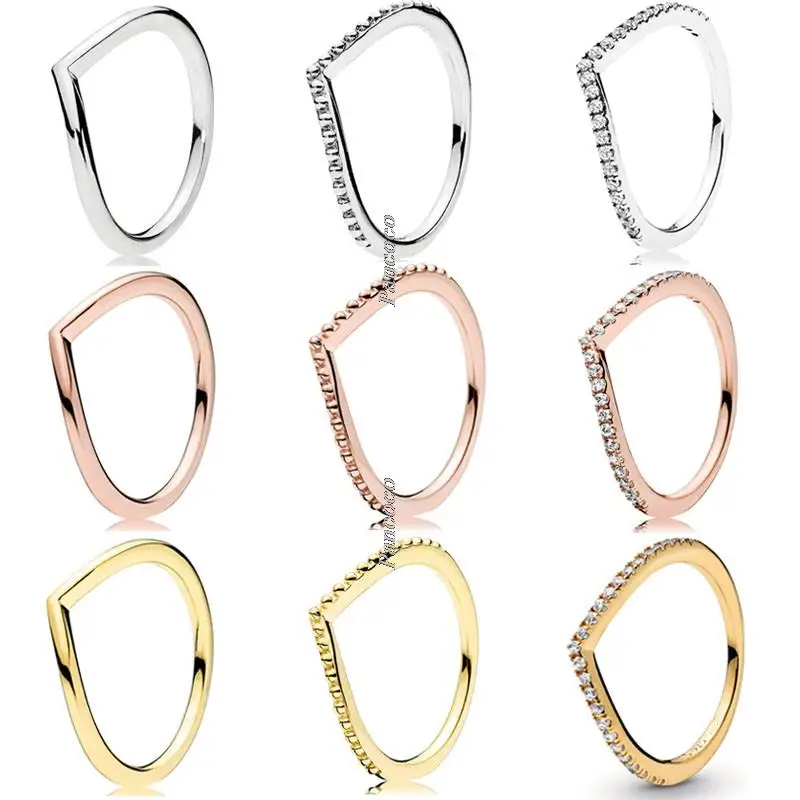 

Original 925 Sterling Silver Wish Bone Ring Set With Crystal Stack Rings For Women Wedding Party Europe Fashion Jewelry