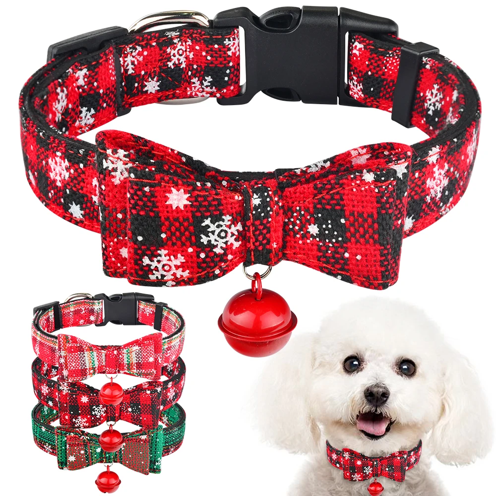 Christmas Dog Collar & Bell Fabric Female Male Puppy Pet Bow Tie Adjustable XS-L