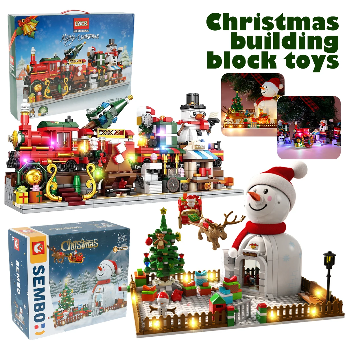 

Christmas Kids Gift Creative DIY Building Set with String Light Xmas Gifts Building Blocks Kids Toys Snowman Train for 2022
