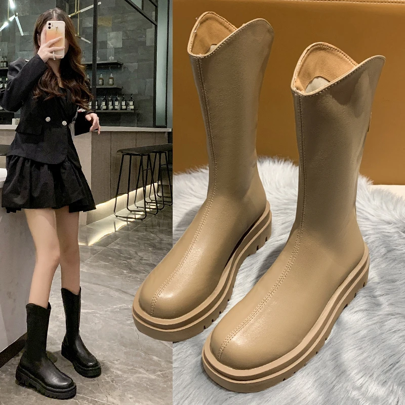 

2022 New Winter Knee High Motorcycle Boots Fashion Female Platform Shoes Sexy Ladies Black Brown White Round Toe Zipper Boots