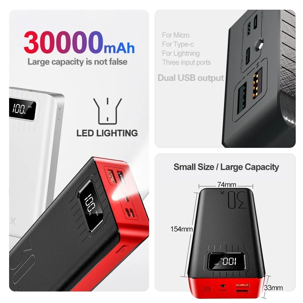 Внешний аккумулятор 30000 мАч для iPhone 11 pro 6 6s 7 8 Plus X XS max XR Pover USB светодиодный блок
